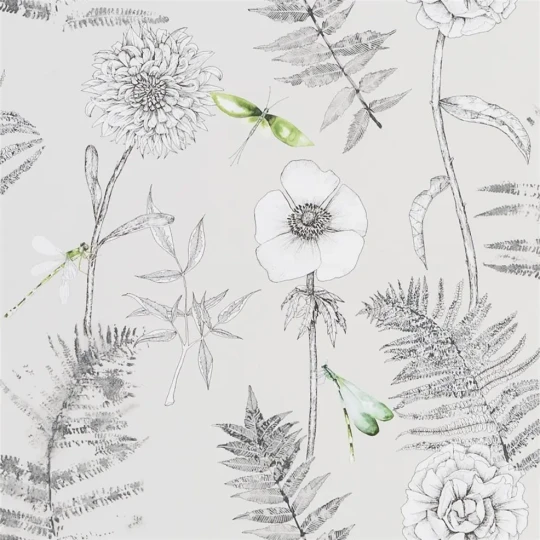 Designers Guild PDG1022/02 Majolica ACANTHUS GRAPHITE - tapeta z motywem kwiatów i ważek