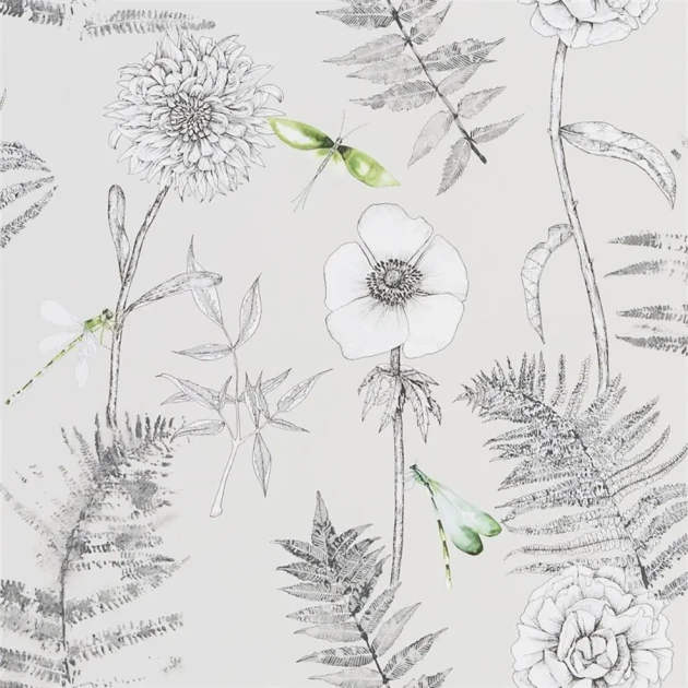 Designers Guild PDG1022/02 Majolica ACANTHUS GRAPHITE - tapeta z motywem kwiatów i ważek