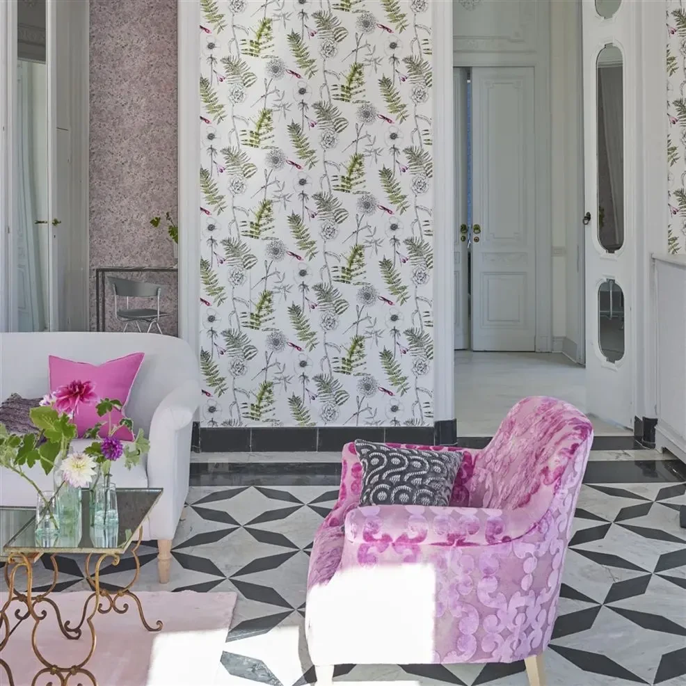 Designers Guild PDG1022/04 Majolica ACANTHUS MOSS - tapeta z motywem kwiatów i ważek