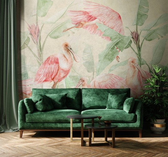 Wall Art Rainforest Ajaja - mural z motywem ptaków warzęch i liści bananowca