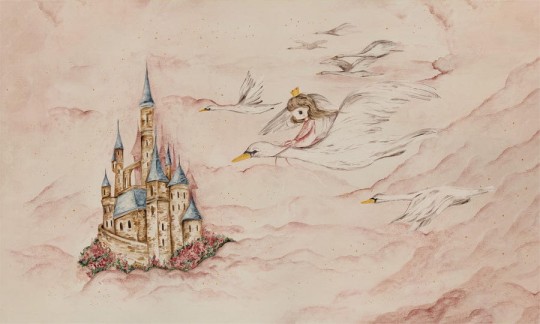 Wall Art Swan Princess - mural z motywem zamku, chmur, łabędzi i księżniczki