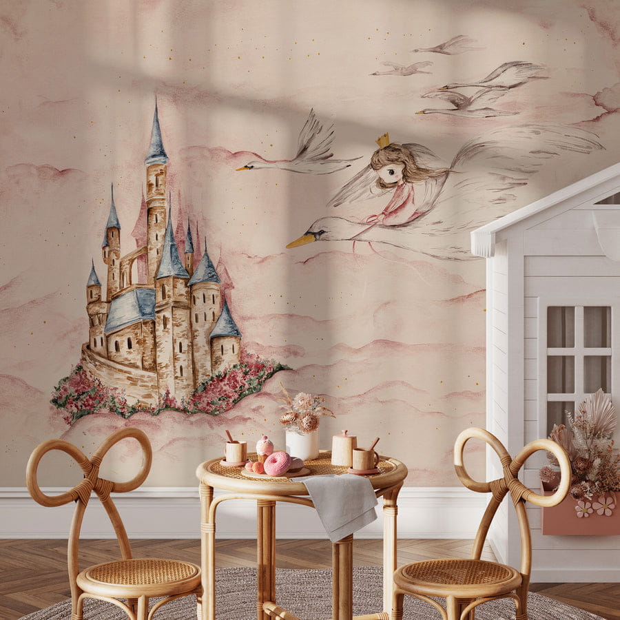 Wall Art Swan Princess - mural z motywem zamku, chmur, łabędzi i księżniczki