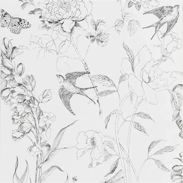 Designers Guild PDG721/01 Jardin Des Plantes Sibylla Garden Black and White - tapeta z motywem kwiatów, motyli i jaskółek