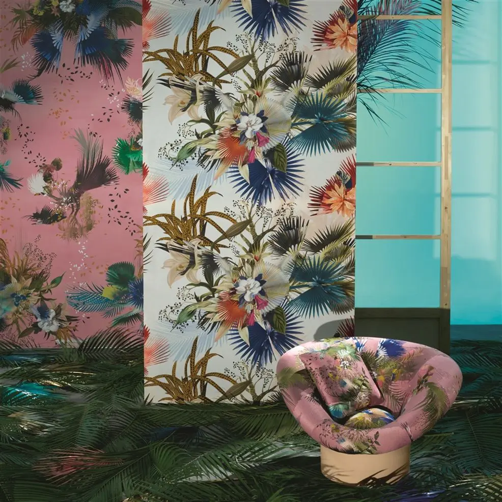 Designers Guild PCL7031/02 Scenes & Murals II OISEAU FLEUR GRAPHITE - mural z motywem drzew, liści i ptaków na jednolitym tle
