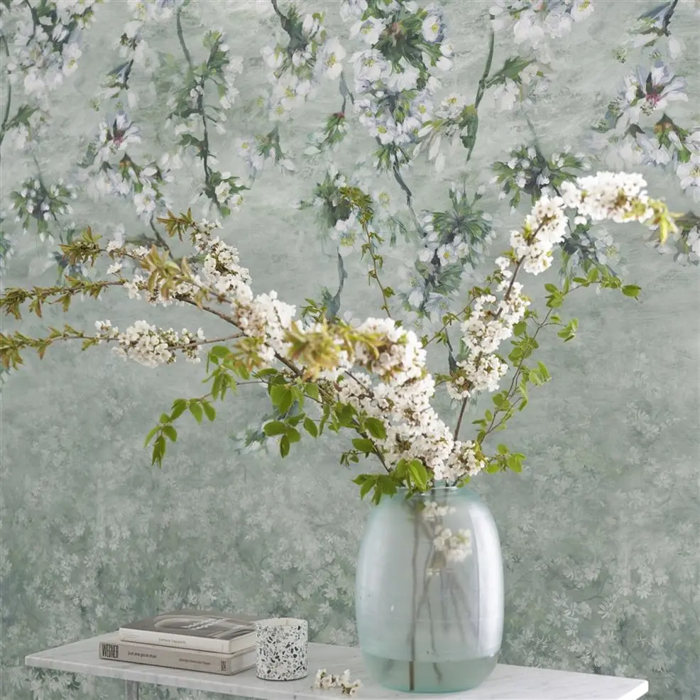 Designers Guild PDG1133/02 Scenes & Murals II ASSAM BLOSSOM Sage - mural z motywem spadających kwiatów