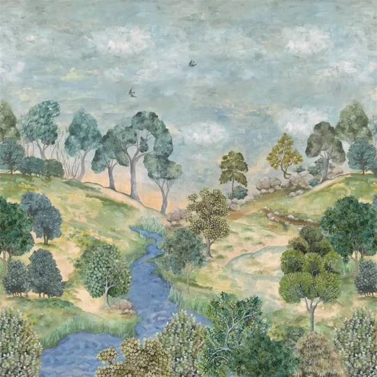 Designers Guild PDG1134/01 Scenes & Murals II BANDIPUR GRASSCLOTH SKY - mural z motywem drzew, rzeki i łąki