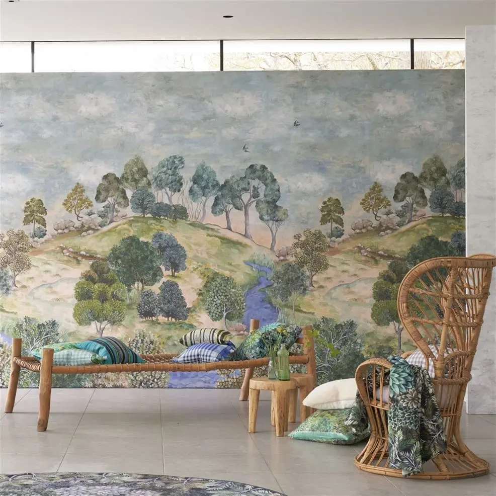 Designers Guild PDG1134/01 Scenes & Murals II BANDIPUR GRASSCLOTH SKY - mural z motywem drzew, rzeki i łąki