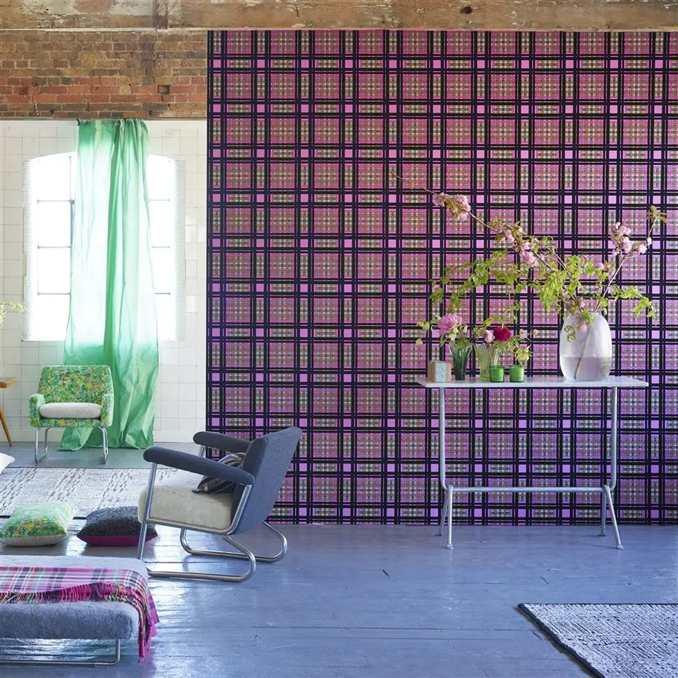 Designers Guild PDG1143/01 Scenes & Murals II CHENNAI Fuchsia - tapeta z motywem kraty