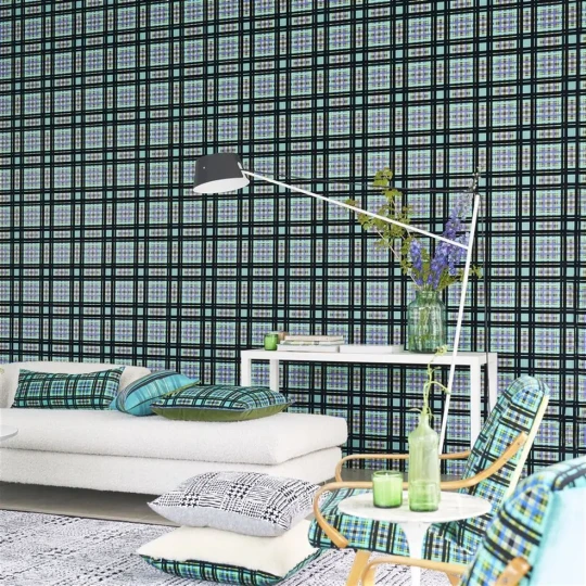 Designers Guild PDG1143/02 Scenes & Murals II CHENNAI Azure - tapeta z motywem kraty