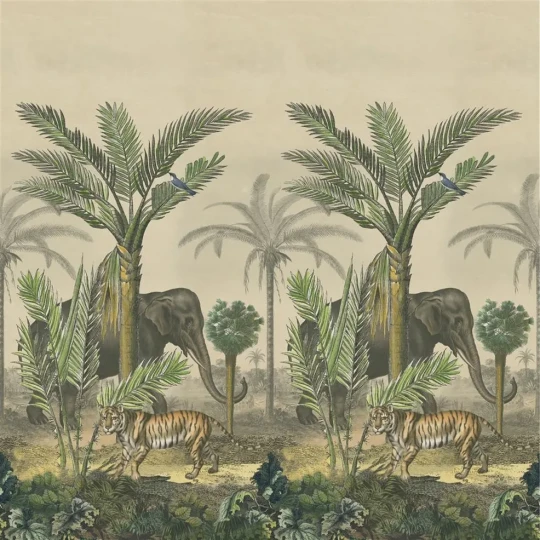 Designers Guild PJD6007/01 Scenes & Murals II PALM TRAIL SCENE 1 SEPIA - mural z motywem plam, słoni i sawanny