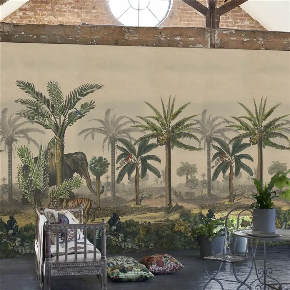 Designers Guild PJD6007/01 Scenes & Murals II PALM TRAIL SCENE 1 SEPIA - mural z motywem plam, słoni i sawanny