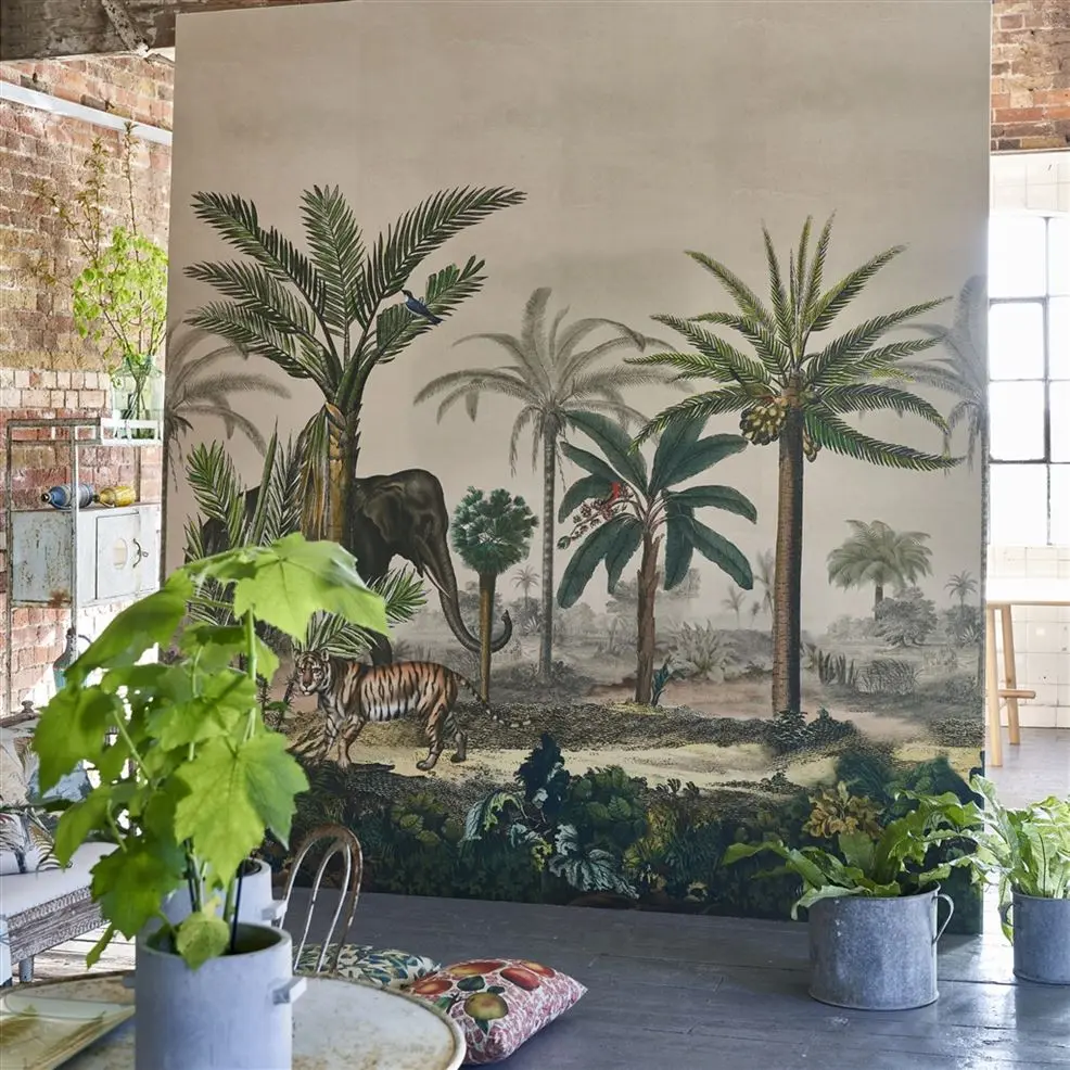 Designers Guild PJD6007/01 Scenes & Murals II PALM TRAIL SCENE 1 SEPIA - mural z motywem plam, słoni i sawanny