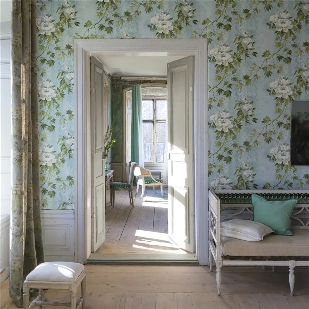 Designers Guild PDG673/05 Flowers Floreale Steel - tapeta z motywem gałązek i kwiatów