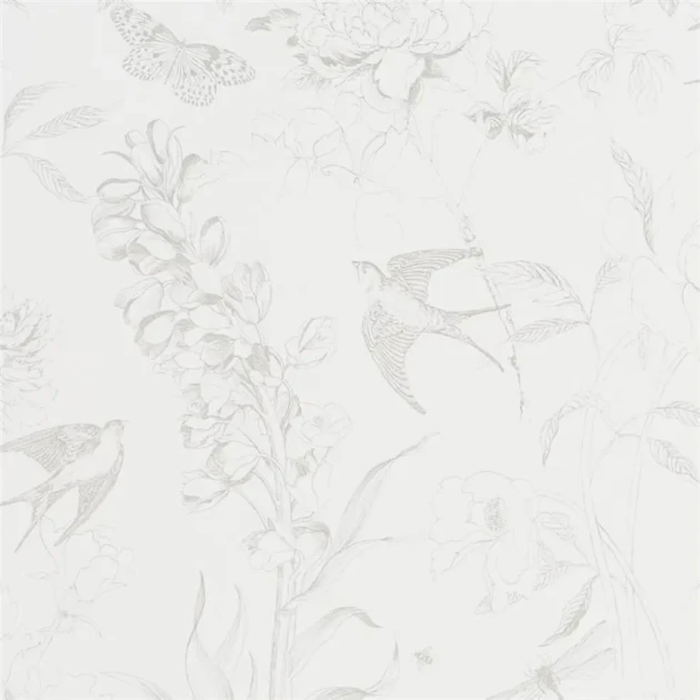 Designers Guild PDG714/02 Flowers Sibylla Garden Silver - tapeta z motywem kwiatów, motyli i jaskółek