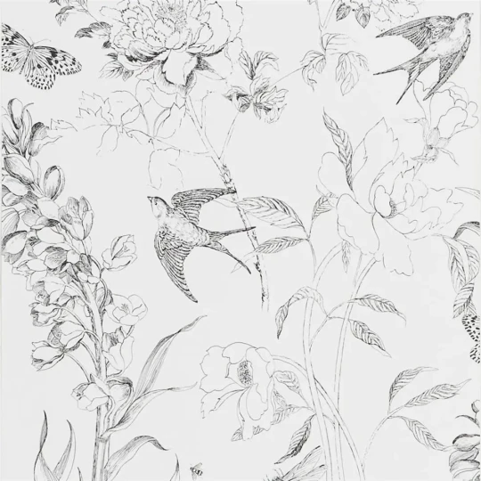 Designers Guild PDG721/01 Flowers Sibylla Garden Black and White - tapeta z motywem kwiatów, motyli i jaskółek