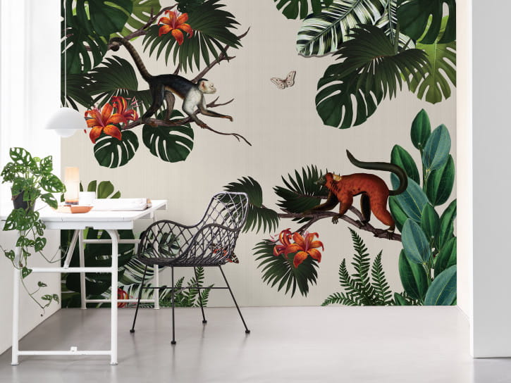 BN 200378 Mijke Konijn Monkey Forest - mural z motywem tropikalnych gałęzi, małp i motyli