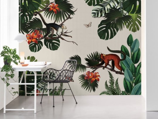 BN 200378 Mijke Konijn Monkey Forest - mural z motywem tropikalnych gałęzi, małp i motyli