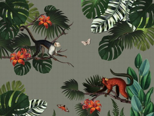 BN 200379 Mijke Konijn Monkey Forest - mural z motywem tropikalnych gałęzi, małp i motyli