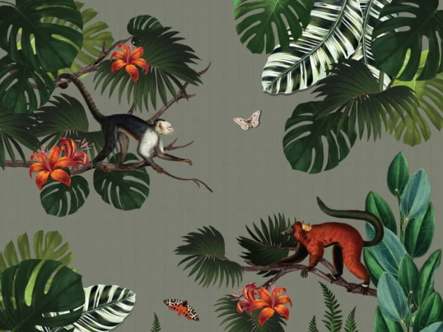 BN 200379 Mijke Konijn Monkey Forest - mural z motywem tropikalnych gałęzi, małp i motyli