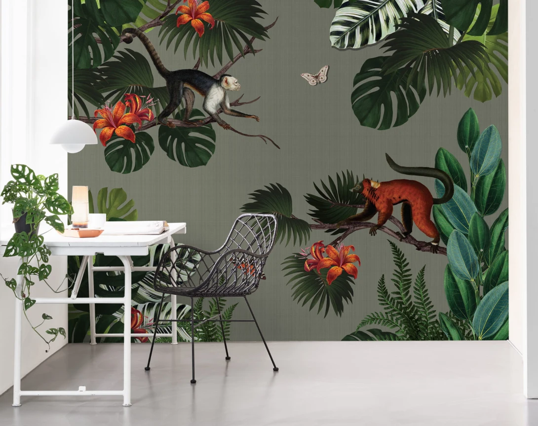 BN 200379 Mijke Konijn Monkey Forest - mural z motywem tropikalnych gałęzi, małp i motyli