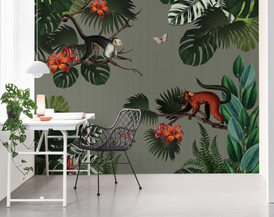 BN 200379 Mijke Konijn Monkey Forest - mural z motywem tropikalnych gałęzi, małp i motyli