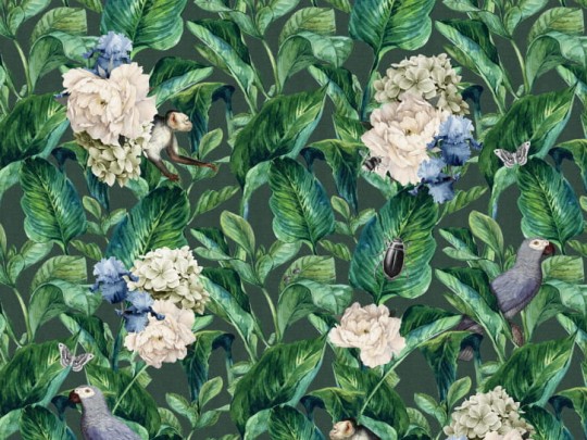 BN 200383 Mijke Konijn Animals hiding in the Jungle - mural z motywem tropikalnych gałęzi, małp i motyli