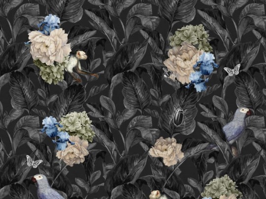 BN 200384 Mijke Konijn Animals hiding in the Jungle - mural z motywem tropikalnych gałęzi, małp i motyli