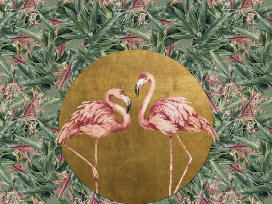 BN 200386 Mijke Konijn Meeting Flamingos - mural z motywem tropikalnych liści i flamingów