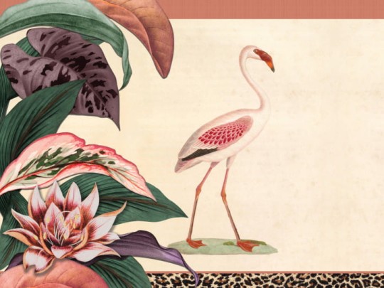 BN 200390 Mijke Konijn Flamingo & Leopard - mural z motywem tropikalnych liści i flaminga