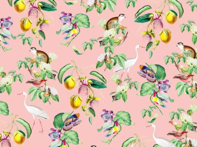 BN 200431 Creative Lab Amsterdam Happy Paradise - mural z motywem ptaków, owoców i dzikich zwierząt