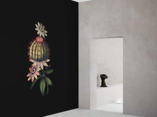 BN 300357 Rive Roshan Passi-Cactus Dark - mural z motywem kaktusa i kwiatów na jednolitym tle