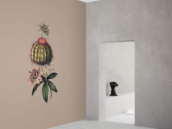 BN 300358 Rive Roshan Passi-Cactus Mid - mural z motywem kaktusa i kwiatów na jednolitym tle