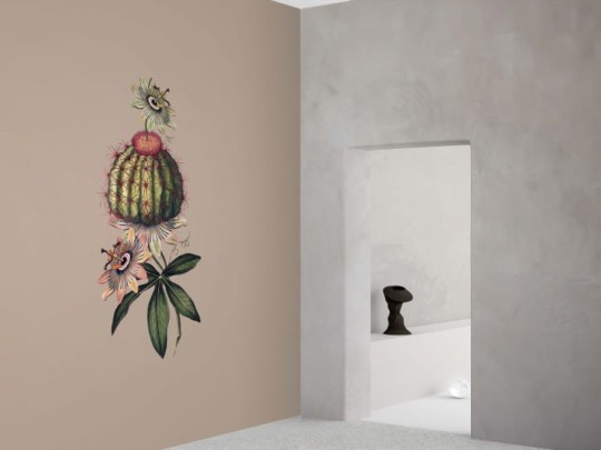 BN 300358 Rive Roshan Passi-Cactus Mid - mural z motywem kaktusa i kwiatów na jednolitym tle