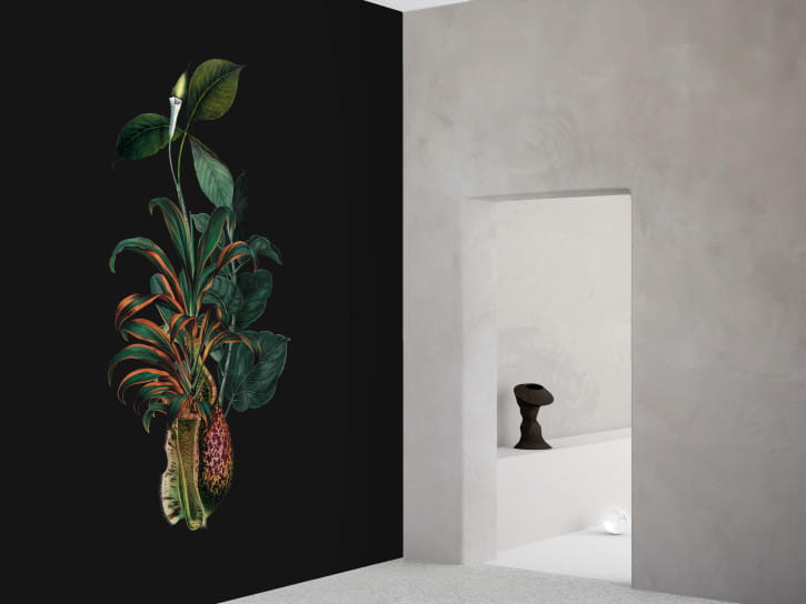 BN 300363 Rive Roshan Calla-Alata Dark - mural z motywem kwiatów i liści na jednolitym tle
