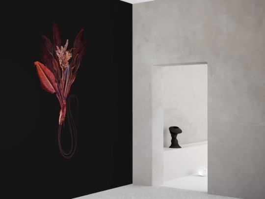 BN 300378 Rive Roshan Phyllum-Rubrum Dark - mural z motywem kwiatów i liści na jednolitym tle