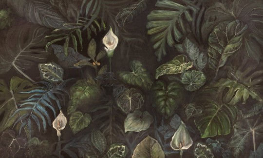 Wall Art Annowa Calla - mural z zielonymi liśćmi na czarnym tle i białą kalią