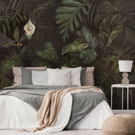 Wall Art Annowa Calla - mural z zielonymi liśćmi na czarnym tle i białą kalią