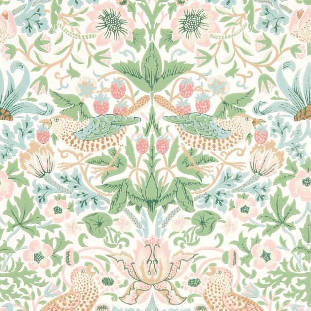 Morris & Co 217061 Simply Morris Simply Strawberry Thief Cochineal/Pink - tapeta z ptakami