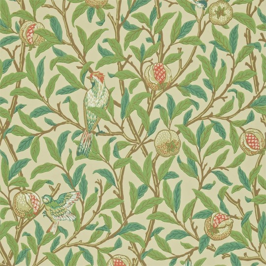 Morris & Co 216841 Compilation Bird & Pomegranate Bayleaf/Cream - tapeta w ptaki i owoce