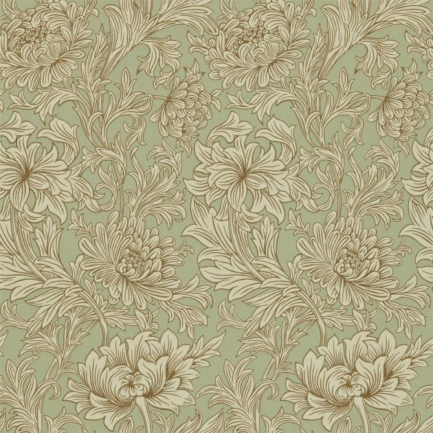 Morris & Co 216861 Compilation Chrysanthemum Toile Eggshell/Gold - tapeta w kwiaty chryzantemy