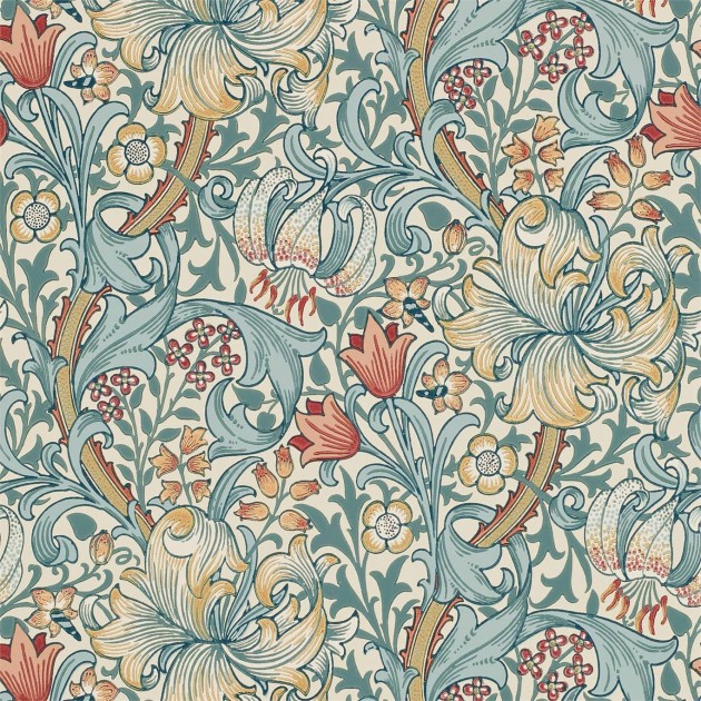Morris & Co 216818 Compilation Golden Lily Slate/Manilla - tapeta w kwiaty
