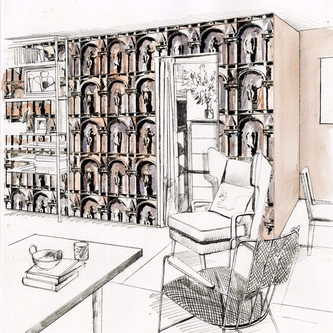 Zoffany 312966 Palladio Montacute Platinum Grey/Ink - tapeta z rzędami posągów