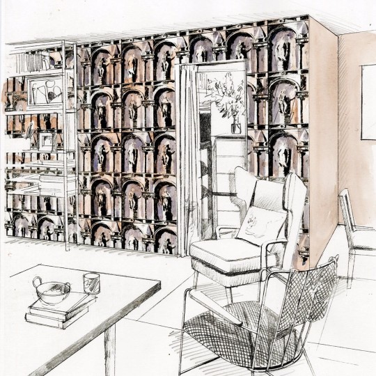 Zoffany 312966 Palladio Montacute Platinum Grey/Ink - tapeta z rzędami posągów