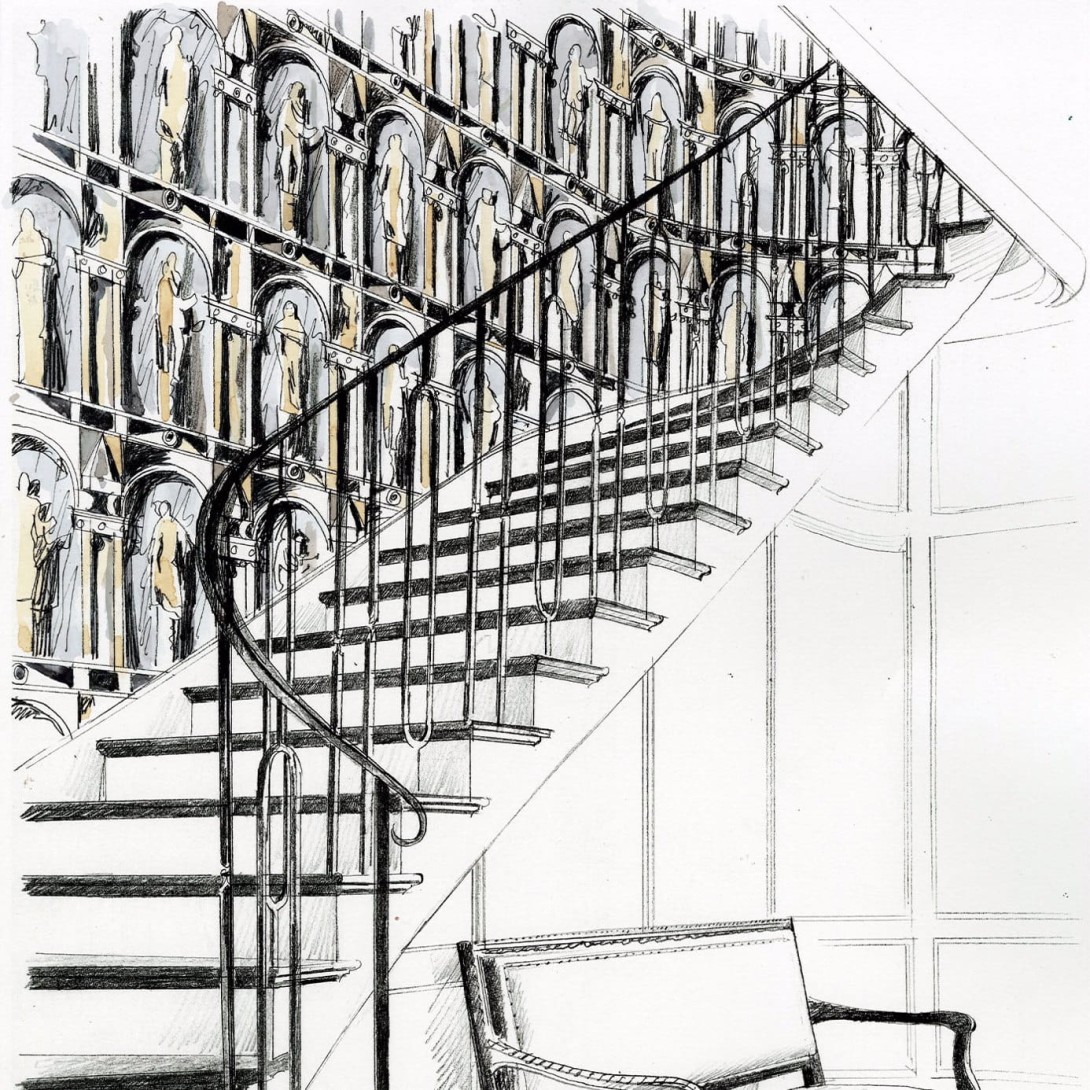 Zoffany 312966 Palladio Montacute Platinum Grey/Ink - tapeta z rzędami posągów