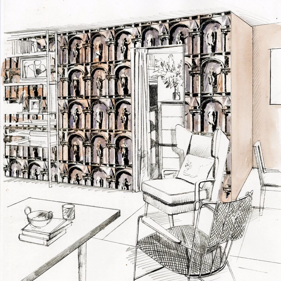 Zoffany 312967 Palladio Montacute City Grey/Bone Black - tapeta z rzędami posągów
