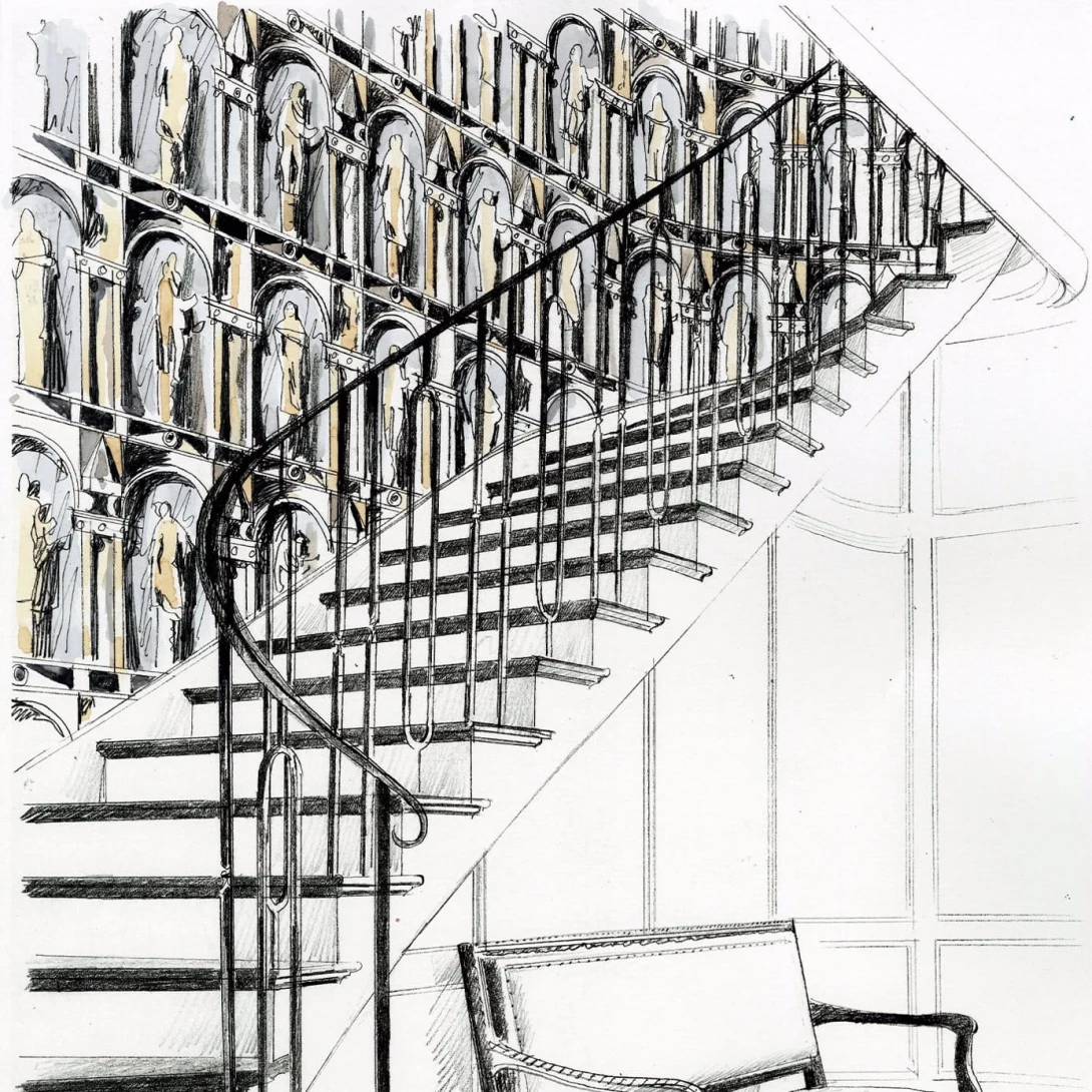 Zoffany 312967 Palladio Montacute City Grey/Bone Black - tapeta z rzędami posągów