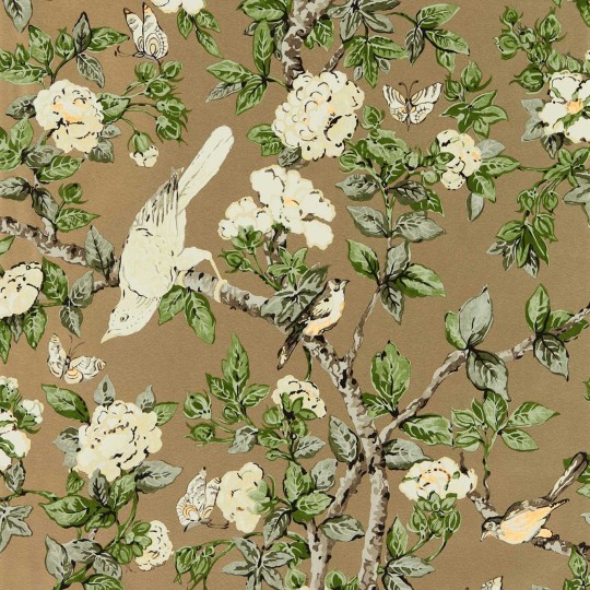 Sanderson 217036 One Sixty Caverley Gold Metallic/Gardenia Green - tapeta w kwiaty, ptaki i motyle