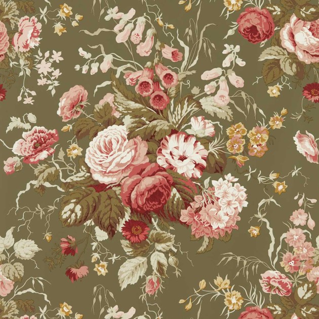 Sanderson 217046 One Sixty Stapleton Park Olive/Bengal Red - tapeta w kwiaty