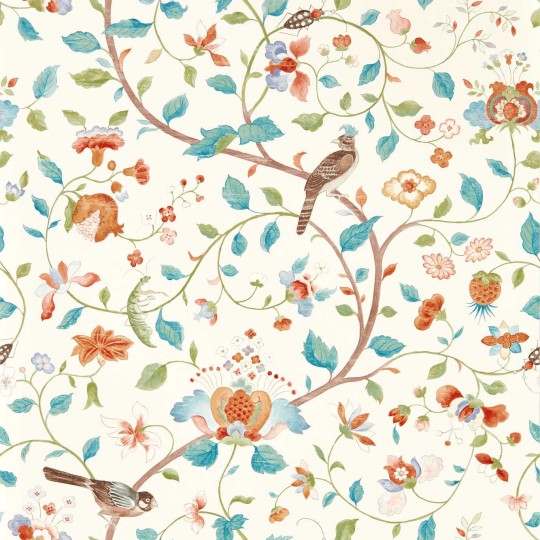 Sanderson 217235 Arboretum Aril’s Garden Teal/Russet - tapeta w ptaki i liście