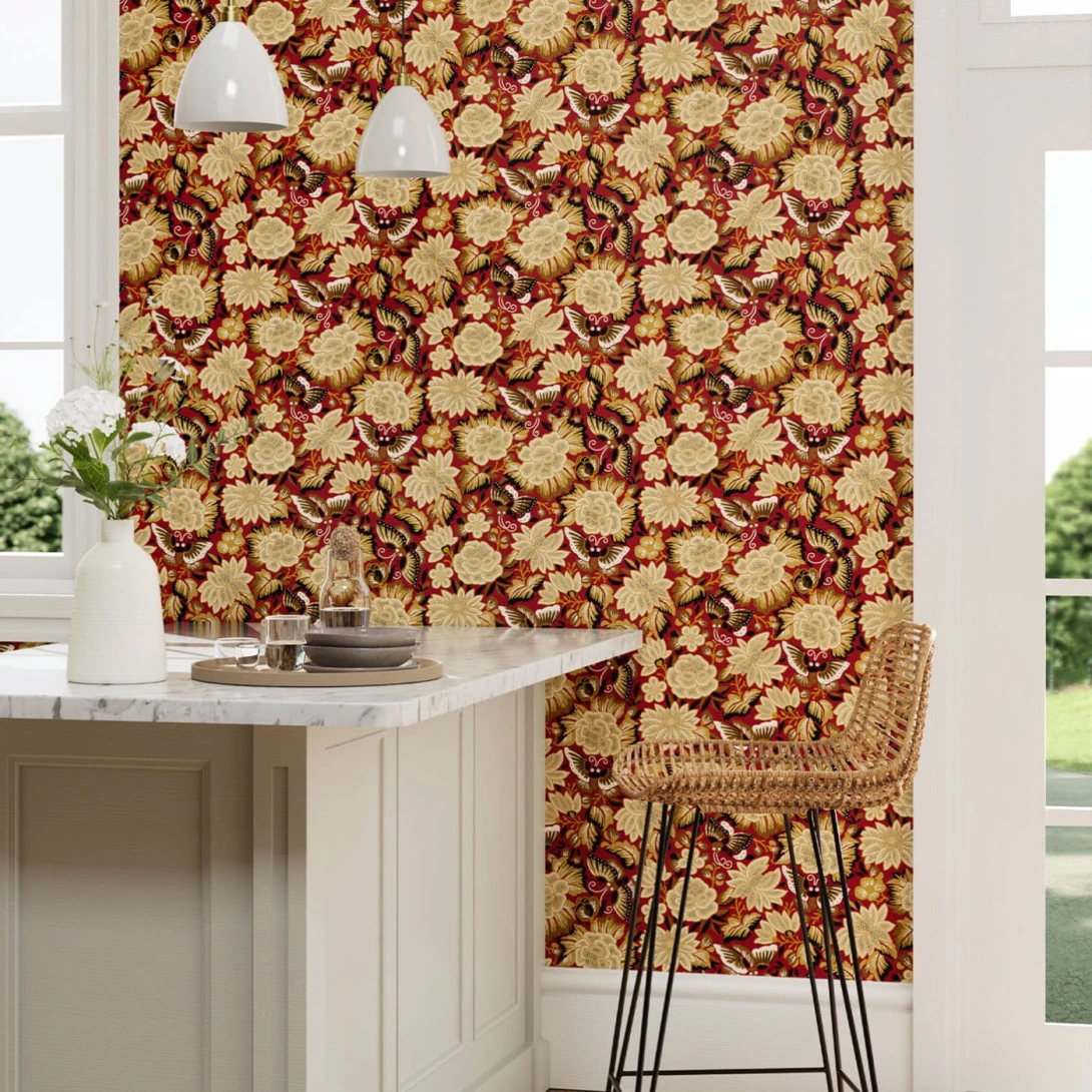 Sanderson 217116 Water Garden Amara Butterfly Cinnabar/Ink Black - tapeta w kwiaty i motyle